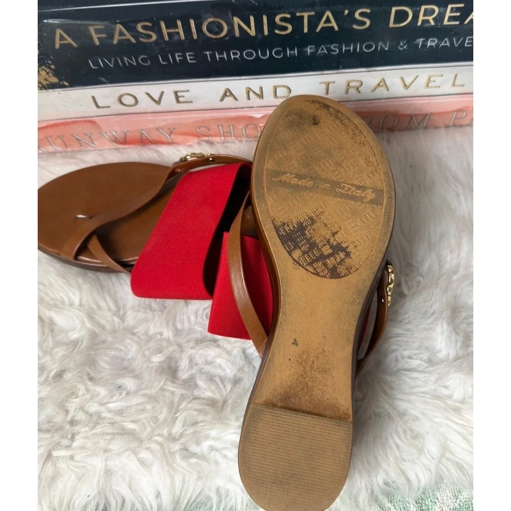 Italian Shoemakers Red Tan Elastic Wedge Sandals Made in Italy Size 8 Womens